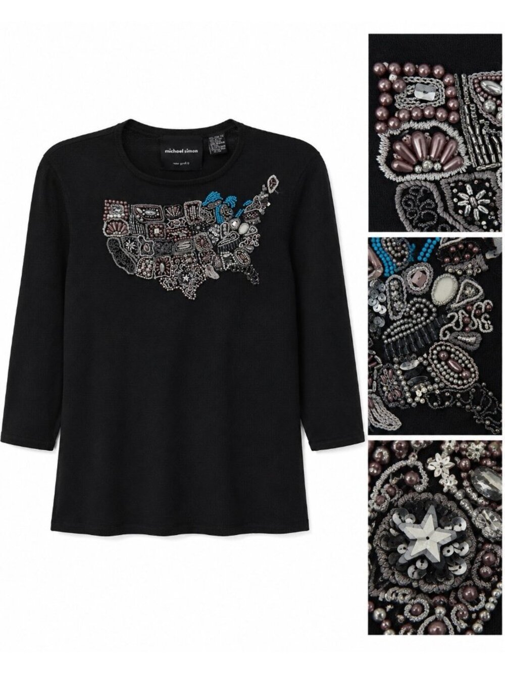 MICHAEL SIMON t shirt beaded USA black MEDIUM patriotic wearable art silk